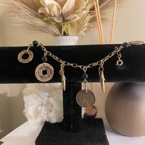 Boho Coin Charm Bracelet Antique Gold Black Bead Dangle Vintage Style